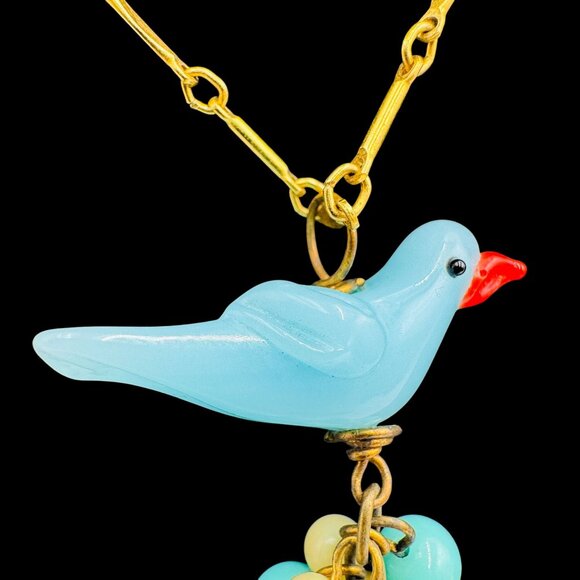 Vintage Lenora Dame Art Glass Blue Bird Sitting on Eggs Pendant Necklace Gold To - Picture 10 of 16